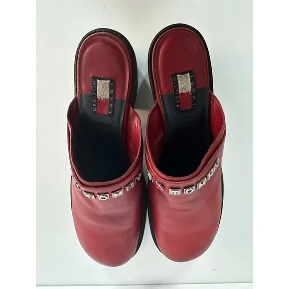 Vtg Y2K 90’s Tommy Hilfiger Slip On Chunky Leather‎ Mules Womens 11M Bejeweled